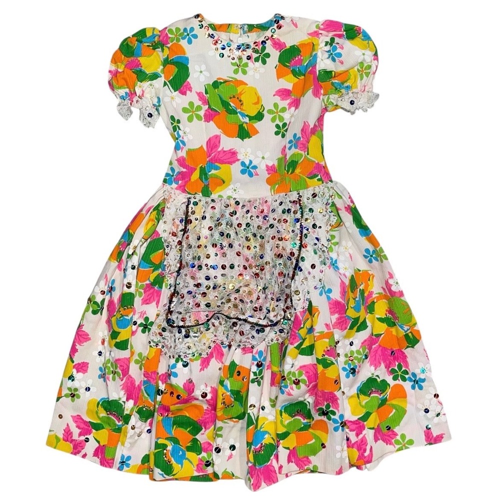 Vintage Kids Floral Sequin Apron Dress Psychedelic Pink Orange Lace Puff Sleeve